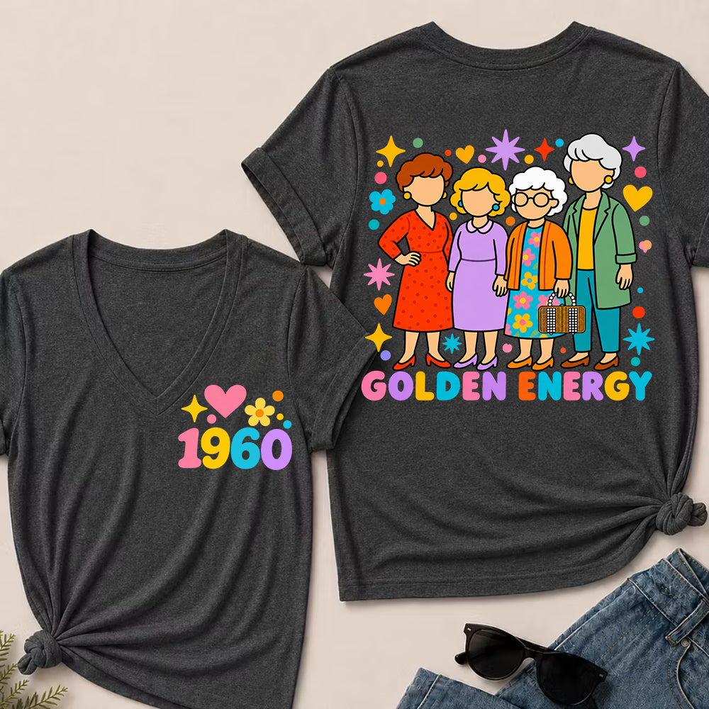 Golden Energy – Custom Birth Year Colorful Ladies Women’s V-Neck T-Shirt