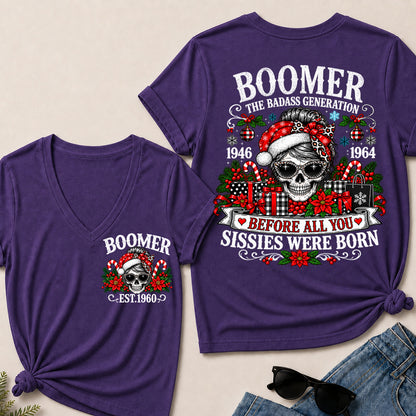 Boomer The Badass Generation – Christmas Leopard Skull Women's V-Neck T-Shirt