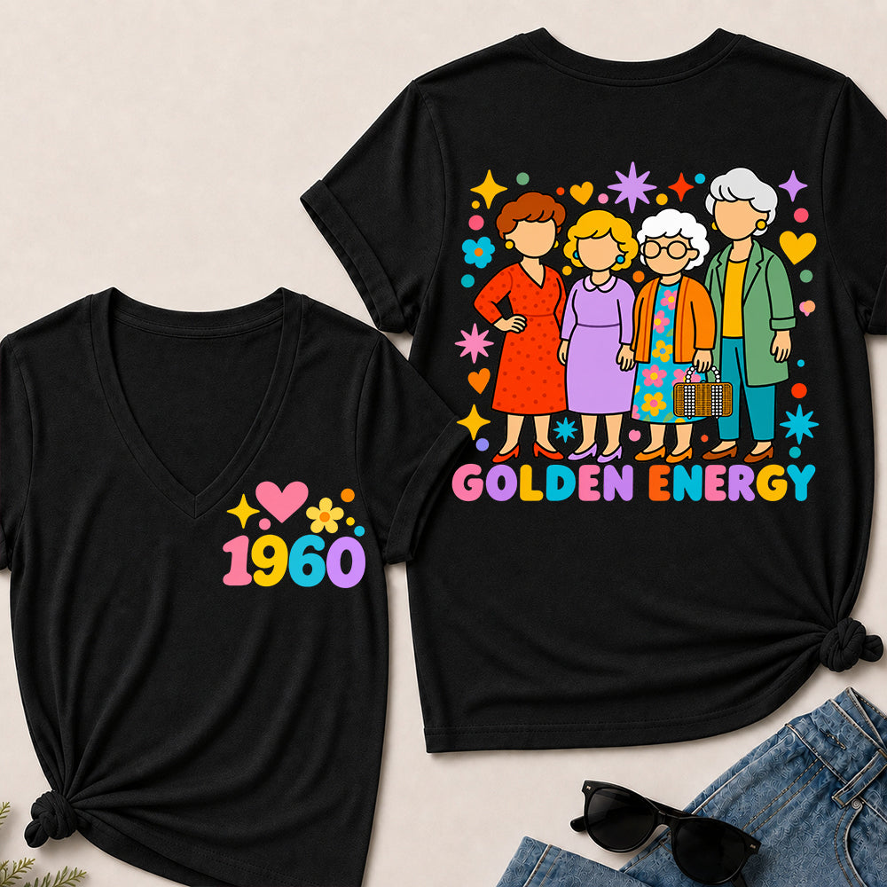 Golden Energy – Custom Birth Year Colorful Ladies Women’s V-Neck T-Shirt