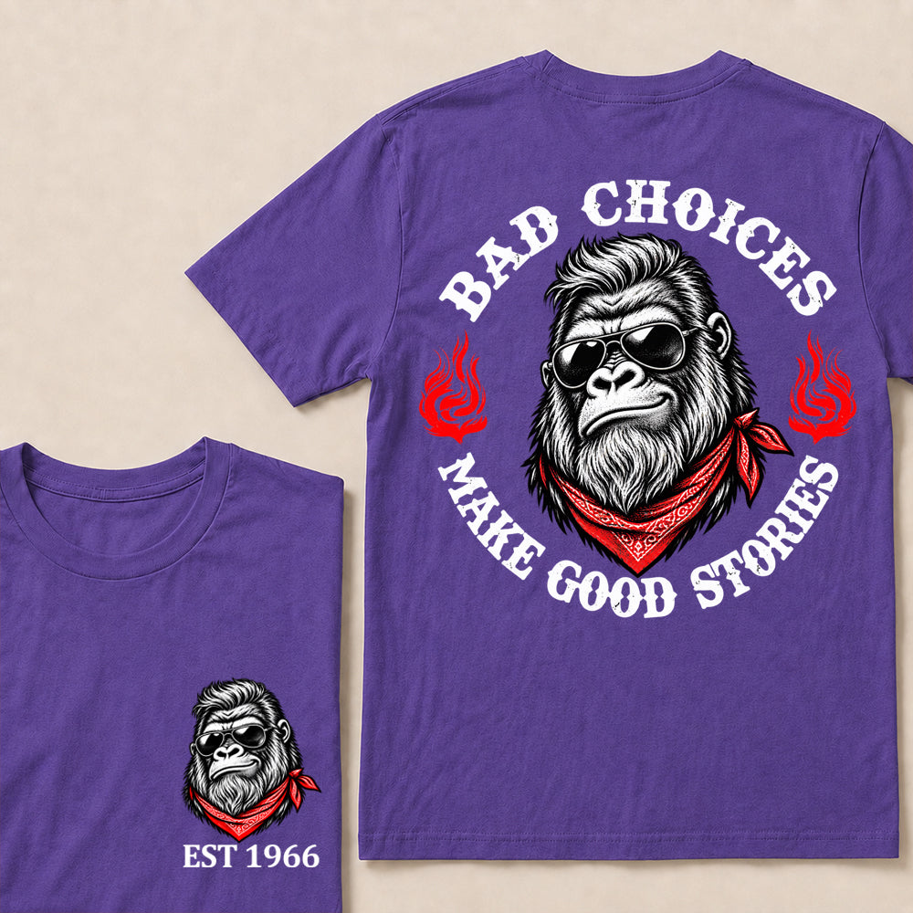 Bad Choices Make Good Stories – Custom EST.Year Sunglasses Gorilla & Red Bandana Graphic T-Shirt