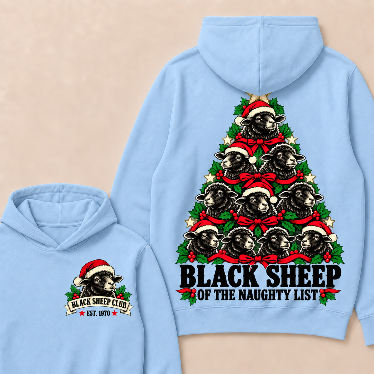 Black Sheep of the Naughty List – Custom EST. Year Black Sheep Christmas Tree Hoodie