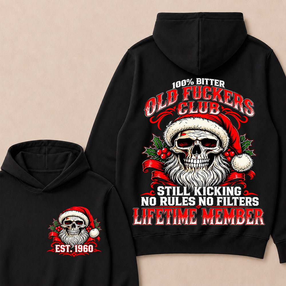 100% Bitter Old Fuckers Club Lifetime Member – Custom EST.Year Christmas Santa Skull Hoodie
