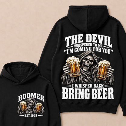 The Devil Whispered To Me I'm Coming For You I Whisper Back Bring Beer EST.Year Vintage Skull Beer Graphic Hoodie