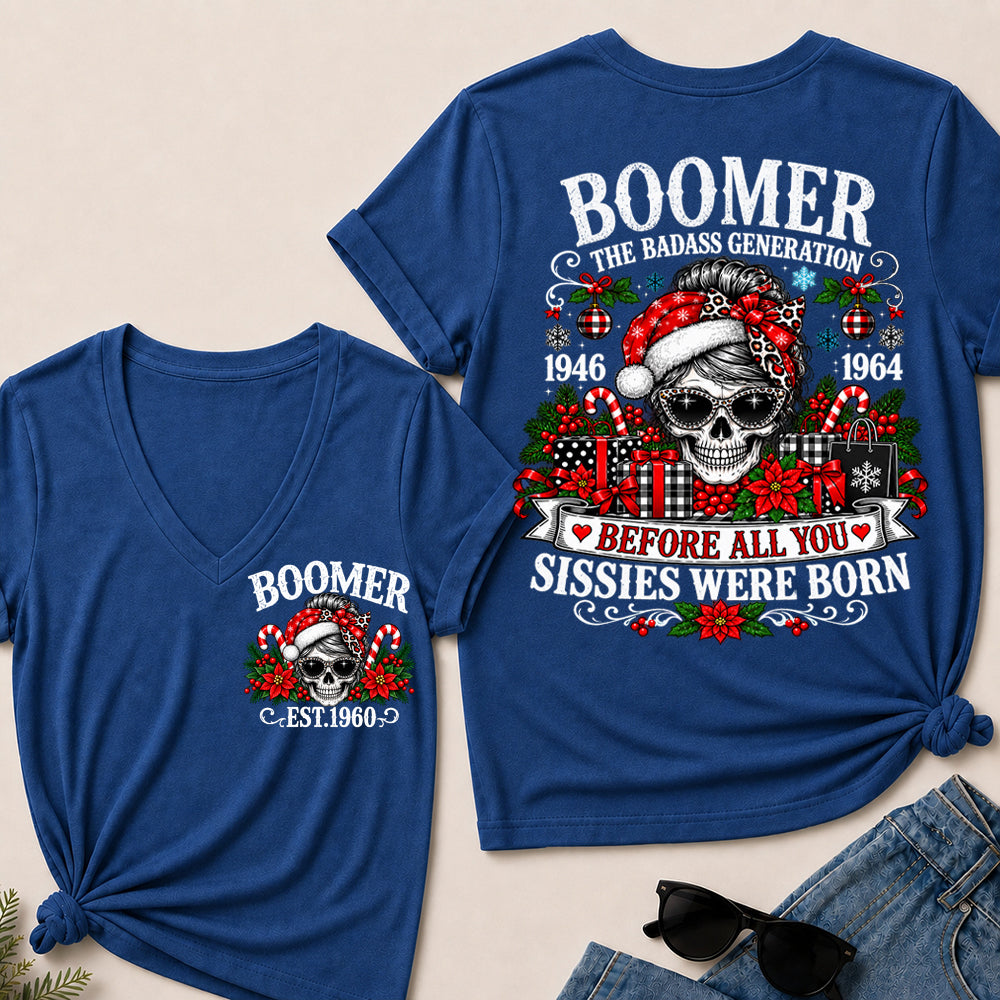 Boomer The Badass Generation – Christmas Leopard Skull Women's V-Neck T-Shirt