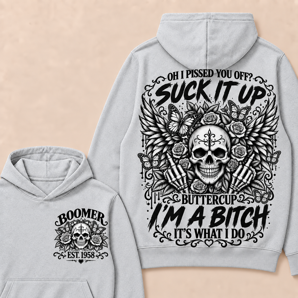 Custom Year Boomer Suck It Up Buttercup Skull Graphic Hoodie