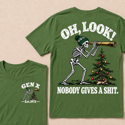 Oh Look! Nobody Gives a Shit – Gen X Custom EST. Year Skeleton, Telescope & Christmas Tree T-Shirt