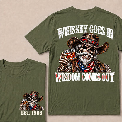 Whiskey Goes In Wisdom Comes Out – Custom EST.Year Vintage Whiskey Cowboy Skull T-Shirt