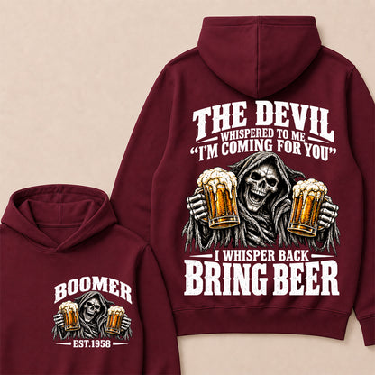The Devil Whispered To Me I'm Coming For You I Whisper Back Bring Beer EST.Year Vintage Skull Beer Graphic Hoodie