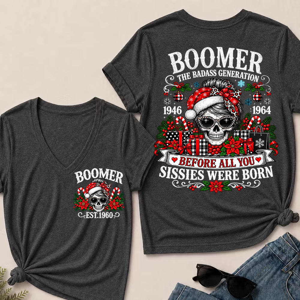 Boomer The Badass Generation – Christmas Leopard Skull Women's V-Neck T-Shirt