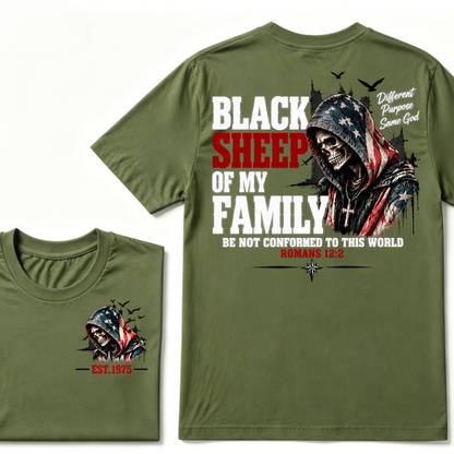Black Sheep Of My Family Romans 12:2 EST.Year American Flag Skull Print T‑Shirt Christian Faith Vintage Graphic Tee