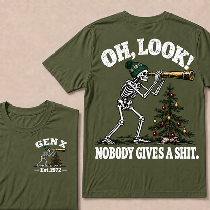 Oh Look! Nobody Gives a Shit – Gen X Custom EST. Year Skeleton, Telescope & Christmas Tree T-Shirt