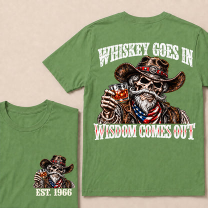 Whiskey Goes In Wisdom Comes Out – Custom EST.Year Vintage Whiskey Cowboy Skull T-Shirt