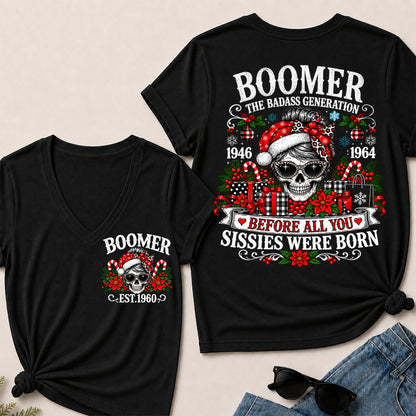 Boomer The Badass Generation – Christmas Leopard Skull Women's V-Neck T-Shirt