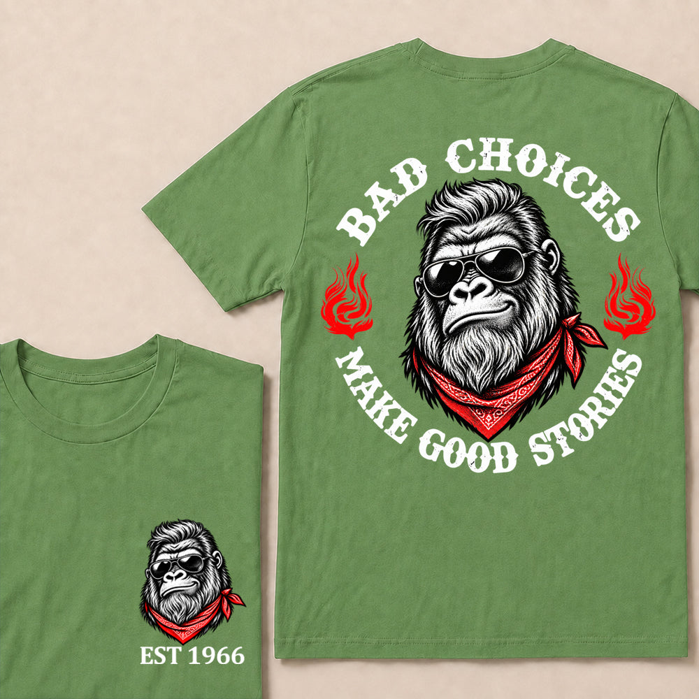 Bad Choices Make Good Stories – Custom EST.Year Sunglasses Gorilla & Red Bandana Graphic T-Shirt