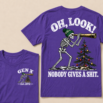 Oh Look! Nobody Gives a Shit – Gen X Custom EST. Year Skeleton, Telescope & Christmas Tree T-Shirt