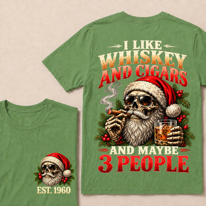 I Like Whiskey and Cigars and Maybe 3 People – Custom EST.Year Christmas Santa Skull & Holly T-Shirt