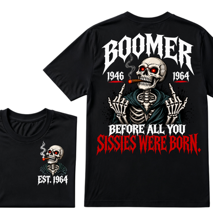 Boomer EAT.Year Before All You Sissies Were Born Skeleton Smoking Cigar Double Sided T-Shirt, Gen Boomer Vintage Skull Tee
