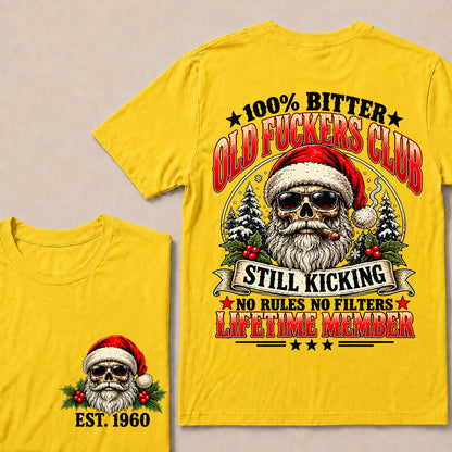 100% Bitter Old Fuckers Club Lifetime Member – Custom EST.Year Christmas Santa Skull & Snowy Trees T-Shirt