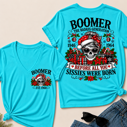 Boomer The Badass Generation – Christmas Leopard Skull Women's V-Neck T-Shirt