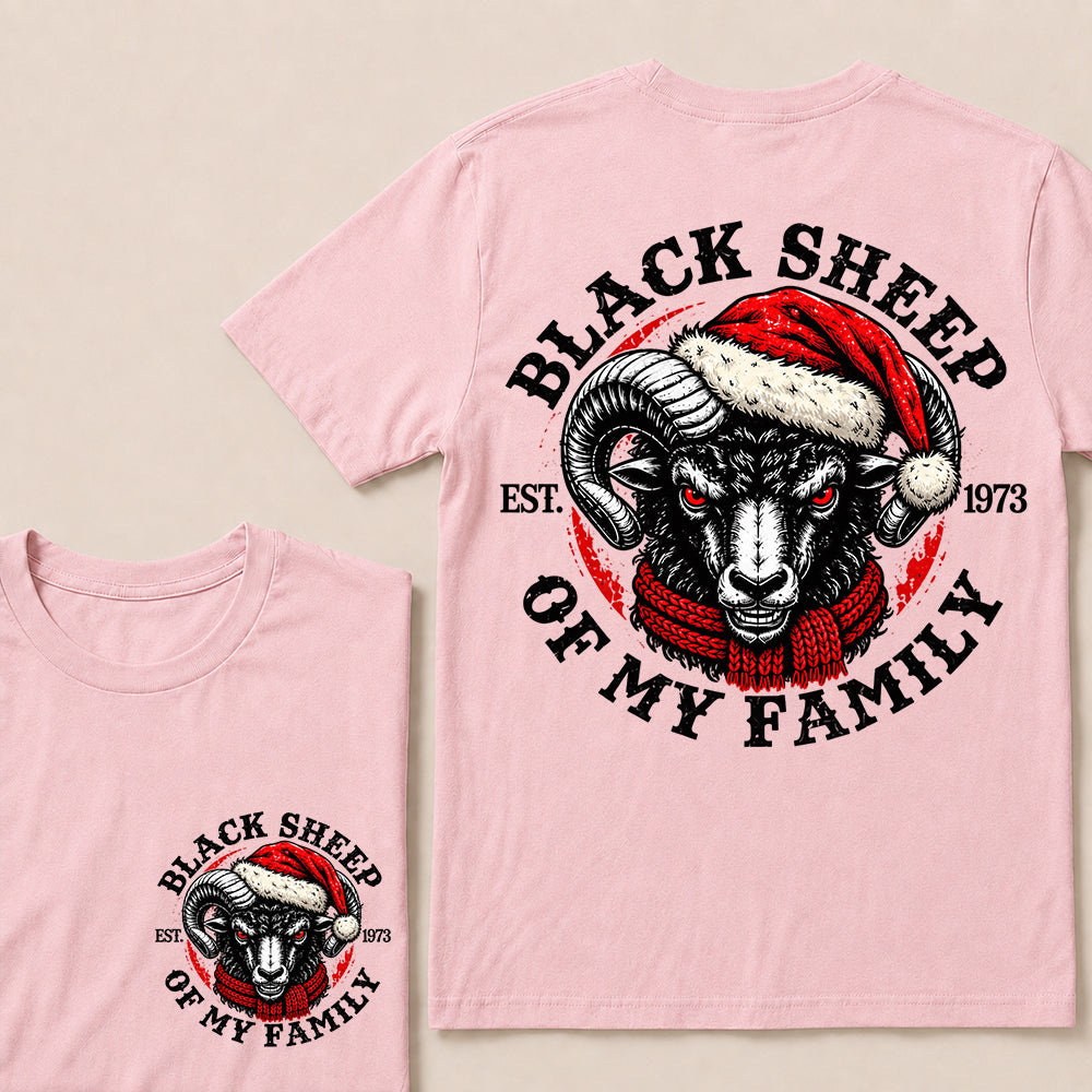Black Sheep of My Family – Custom EST. Year Christmas Ram & Red Scarf Graphic T-Shirt