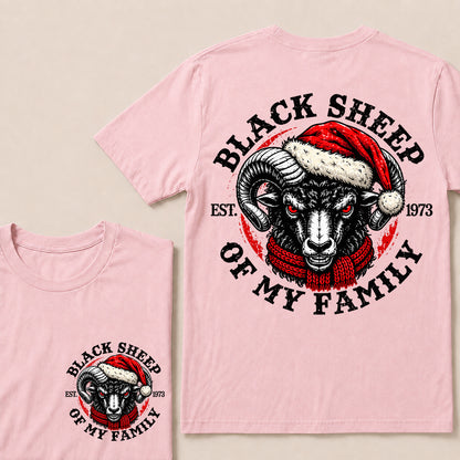Black Sheep of My Family – Custom EST. Year Christmas Ram & Red Scarf Graphic T-Shirt