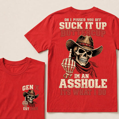 Retro Pixel Cowboy Skull Graphic Tee | "Suck It Up Buttercup" Gen X Sarcastic T-Shirt