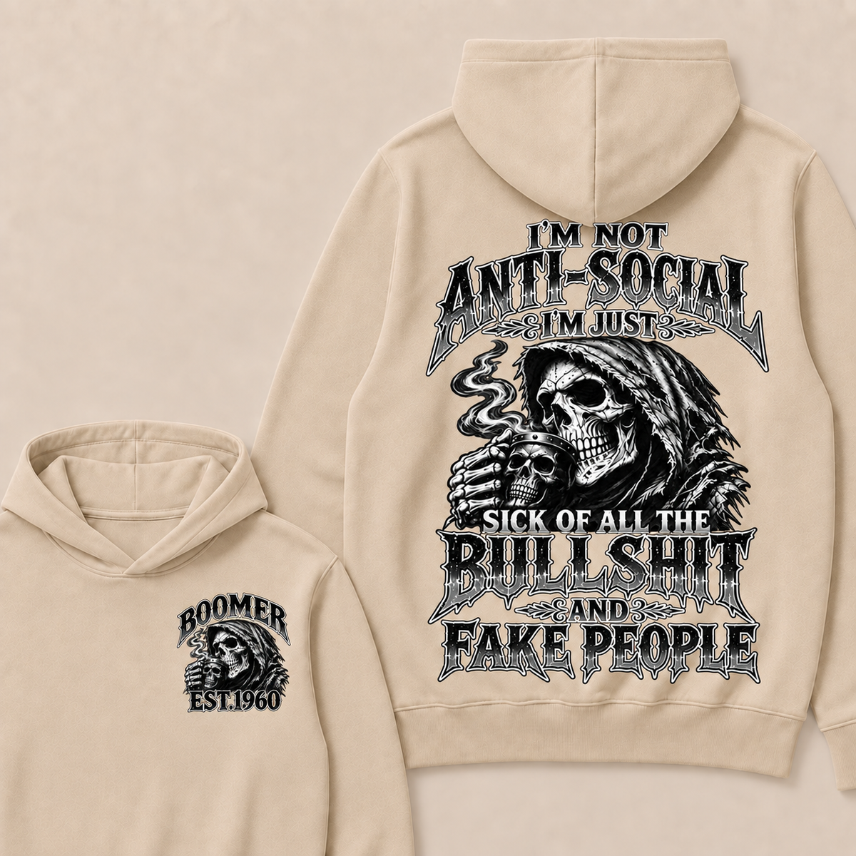 Custom EST.Year I'm Not Anti-Social I'm Just Sick Of All The Bullshit And Fake People – Boomer Vintage Skull Graphic Hoodie
