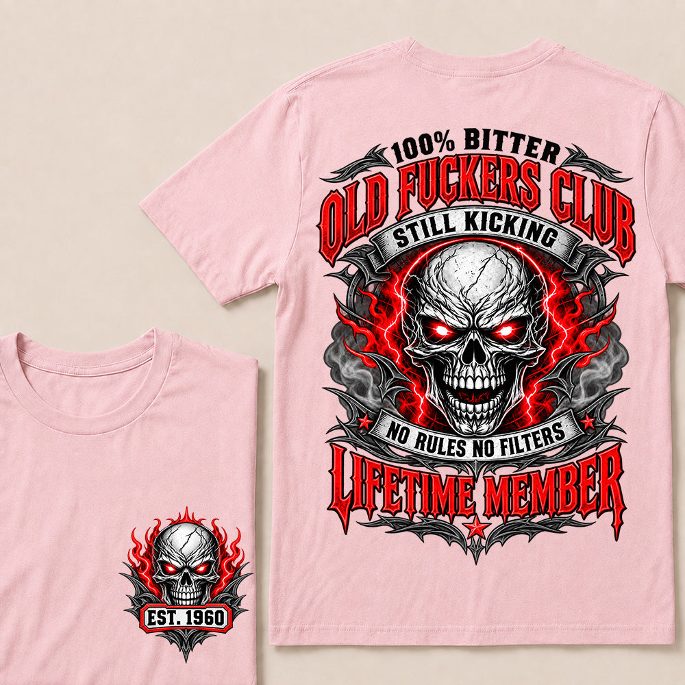 100% Bitter Old Fuckers Club Lifetime Member – Custom EST.Year Red-Eyed Skull Graphic T-Shirt