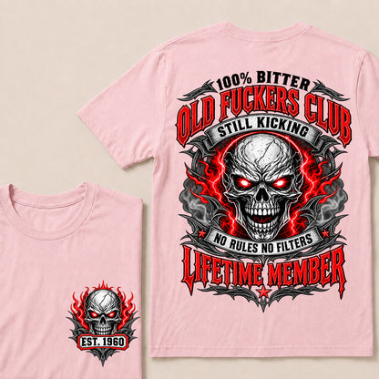 100% Bitter Old Fuckers Club Lifetime Member – Custom EST.Year Red-Eyed Skull Graphic T-Shirt
