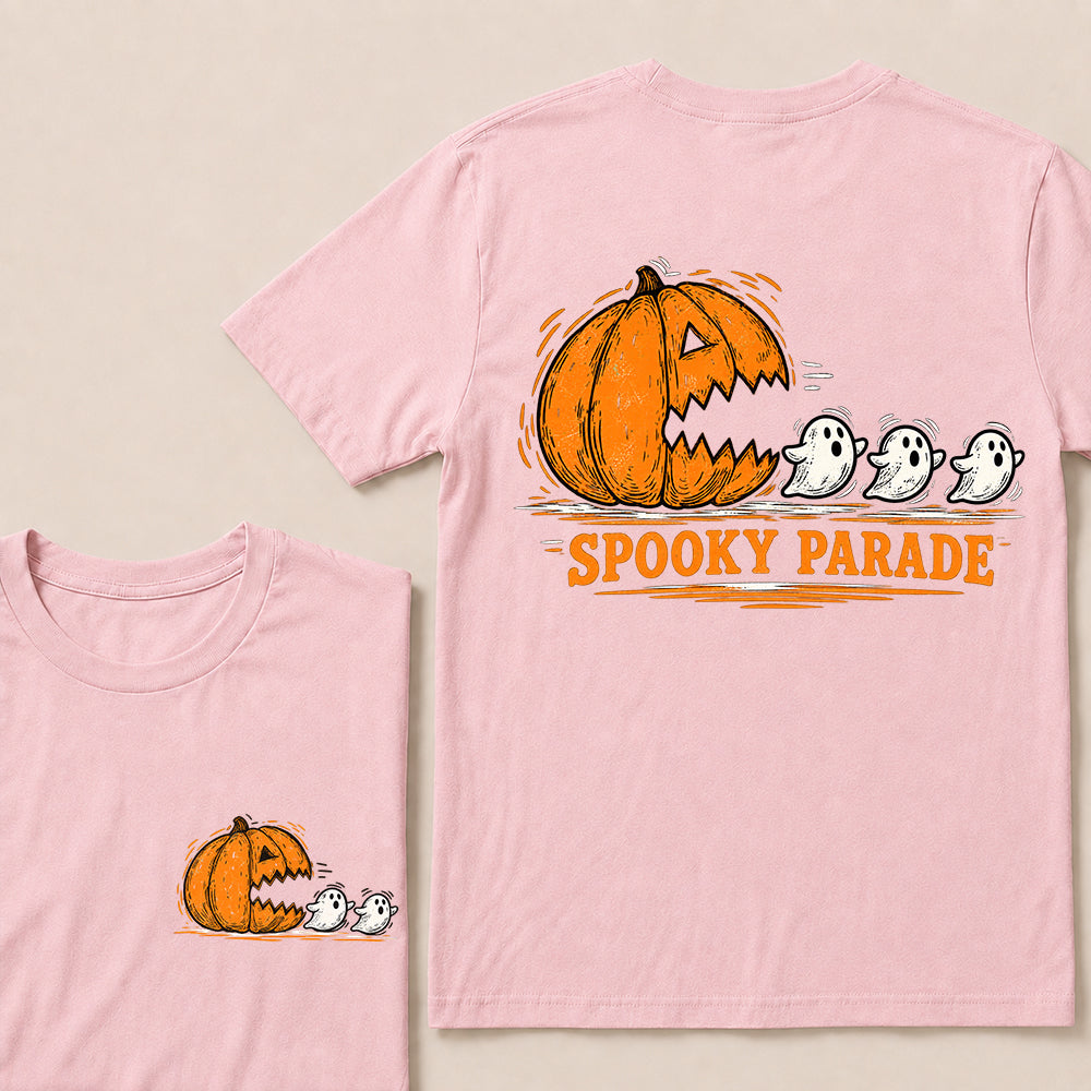 Spooky Parade – Vintage Halloween Pumpkin & Ghosts Graphic T-Shirt