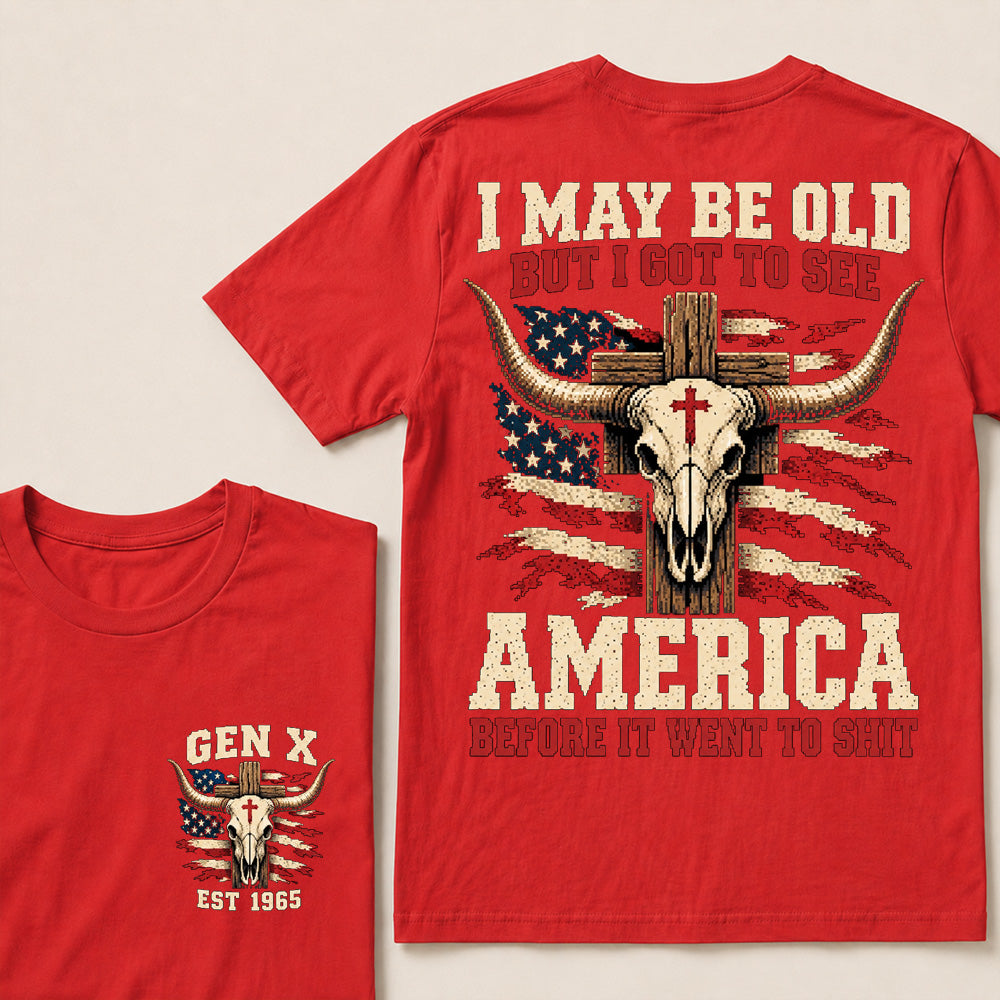 Retro Western Cow Skull & Cross Tee | Distressed American Flag Patriotic Graphic T-Shirt