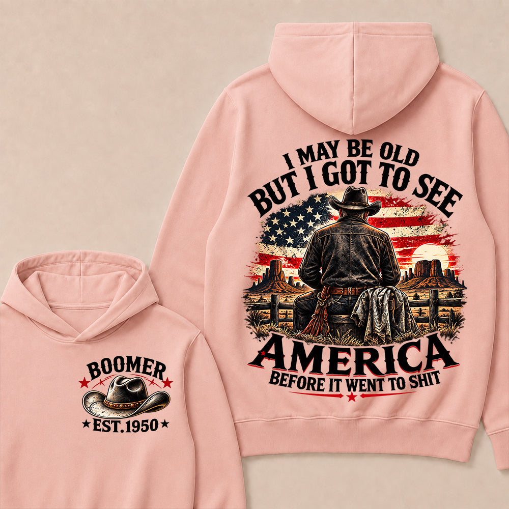 Boomer Custom Year Hoodie, Vintage Western Cowboy Graphic Tee, "I May Be Old But I Got To See America" Back Print
