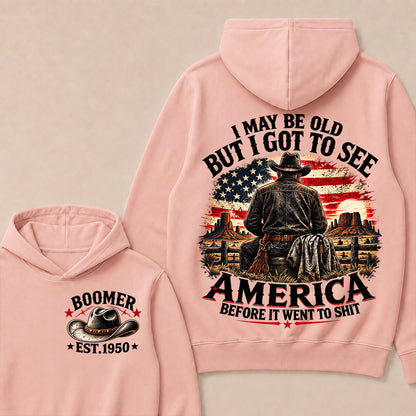 Boomer Custom Year Hoodie, Vintage Western Cowboy Graphic Tee, "I May Be Old But I Got To See America" Back Print