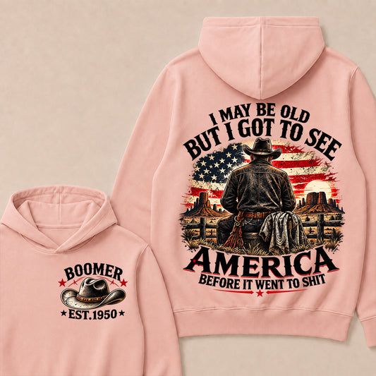 Boomer Custom Year Hoodie, Vintage Western Cowboy Graphic Tee, "I May Be Old But I Got To See America" Back Print
