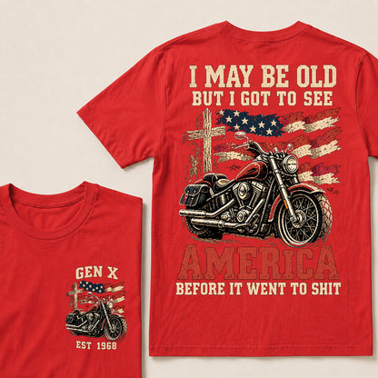 Vintage American Motorcycle & Cross T-Shirt | Patriotic Biker "I May Be Old" Graphic Tee