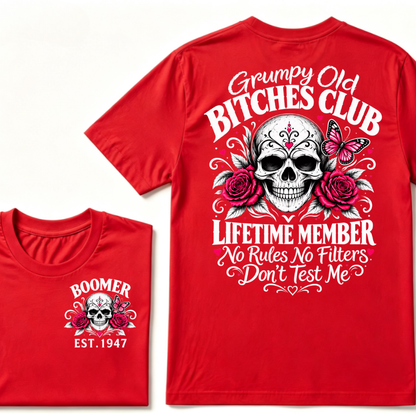 Boomer EST.Year Grumpy Old Club Sugar Skull Rose Butterfly Vintage Graphic T-Shirt