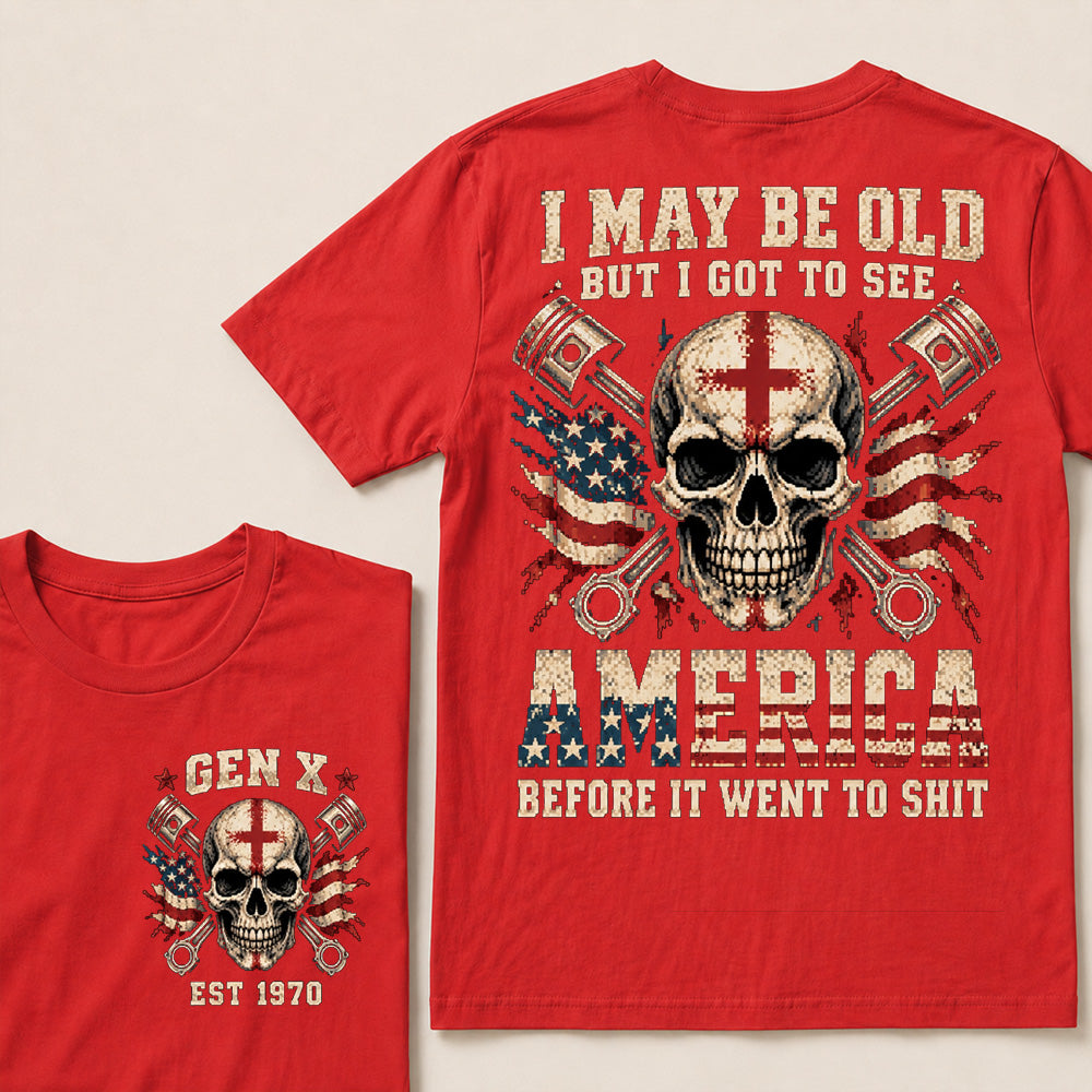 Retro Pixel Crossed Pistons & Skull T-Shirt | Patriotic Biker "I May Be Old" Graphic Tee