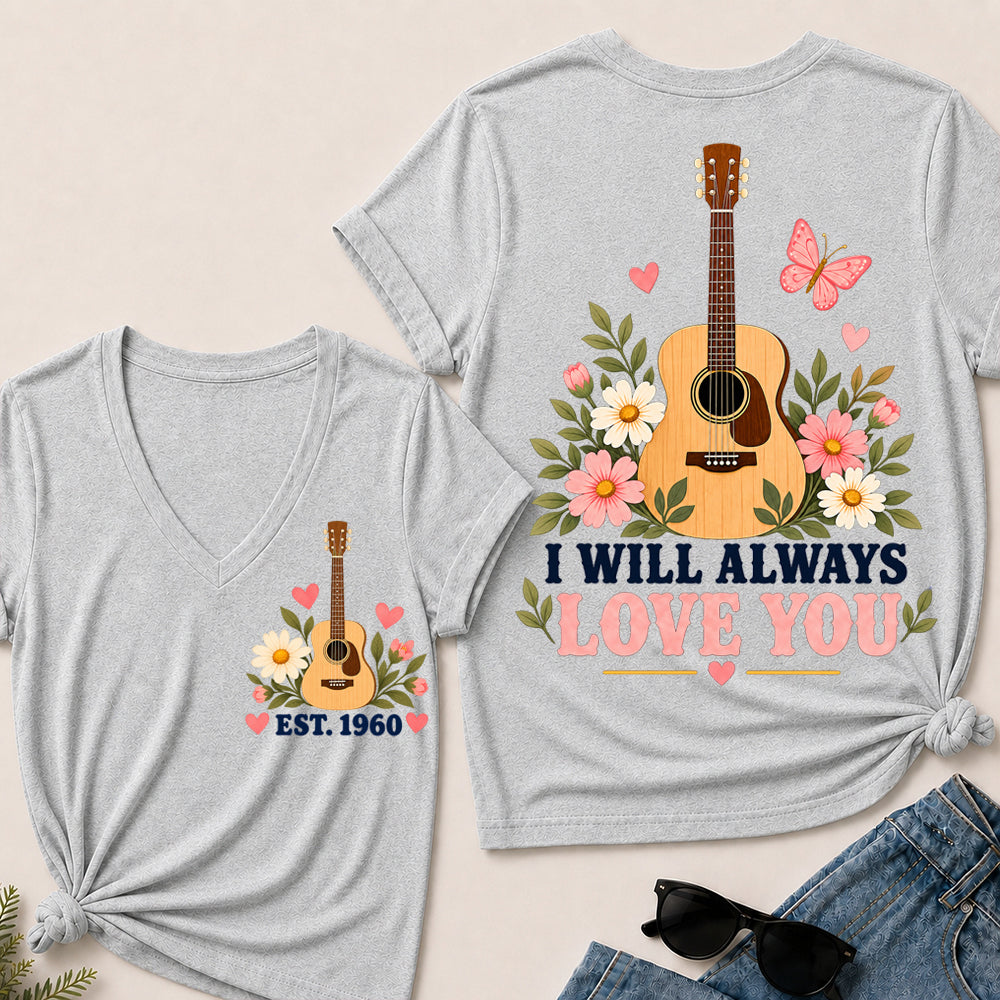 I Will Always Love You – Custom EST.Year Floral Acoustic Guitar Women’s V-Neck T-Shirt