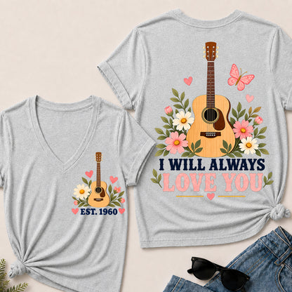 I Will Always Love You – Custom EST.Year Floral Acoustic Guitar Women’s V-Neck T-Shirt