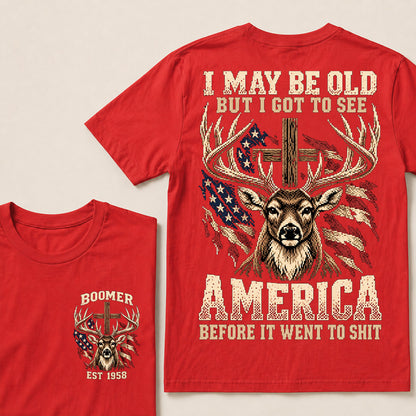 Retro Pixel Buck Deer & Cross T-Shirt | Patriotic Hunting "I May Be Old" Graphic Tee
