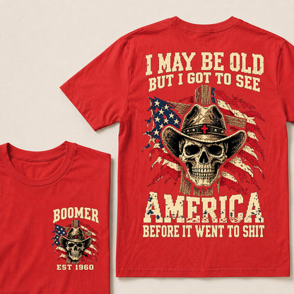 Vintage Western Cowboy Skull T-Shirt | Cross Hat & American Flag "I May Be Old" Graphic Tee