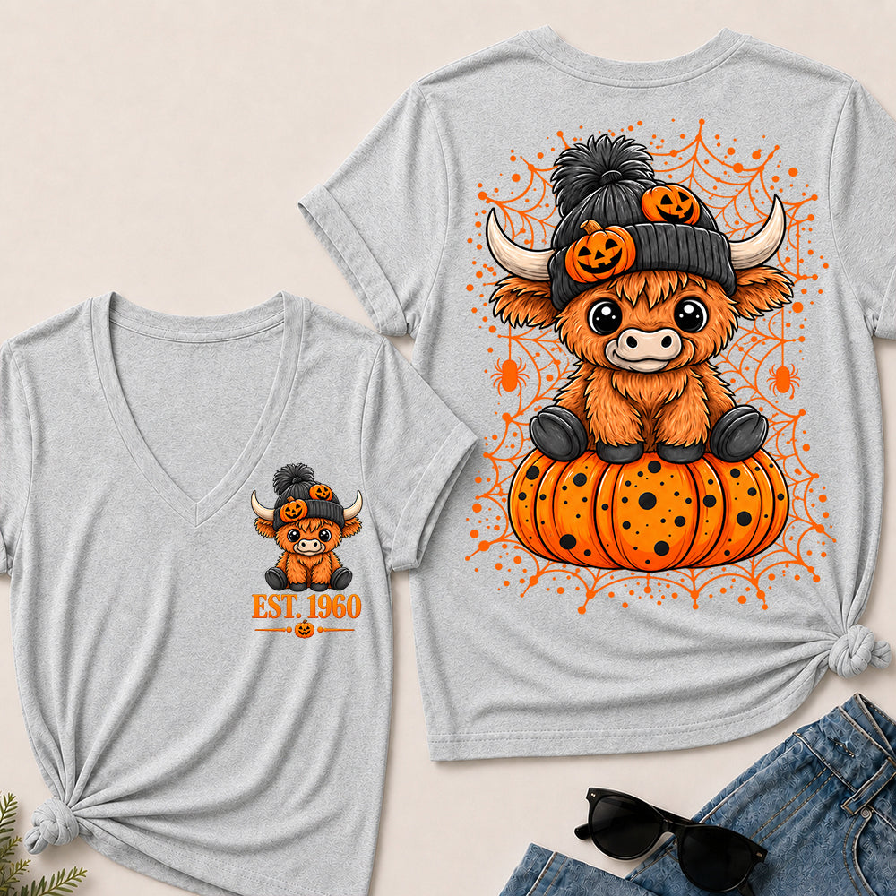Custom EST.Year Cute Halloween Highland Cow & Pumpkin Women’s V-Neck T-Shirt