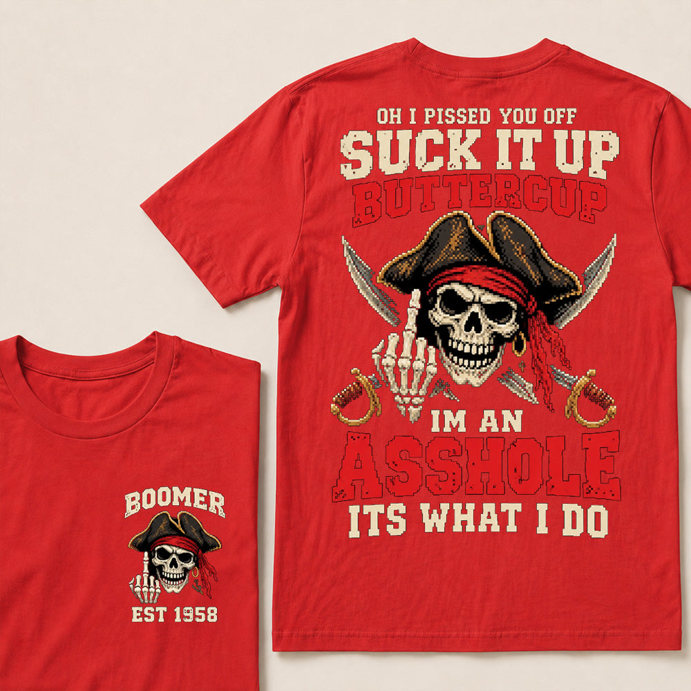 Retro Pixel Pirate Skull T-Shirt | Crossed Cutlasses & Red Bandana "Suck It Up" Graphic Tee