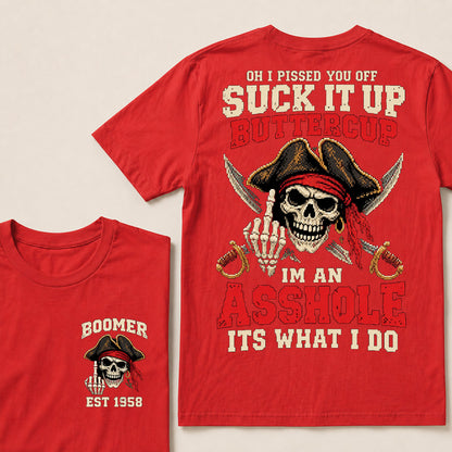 Retro Pixel Pirate Skull T-Shirt | Crossed Cutlasses & Red Bandana "Suck It Up" Graphic Tee