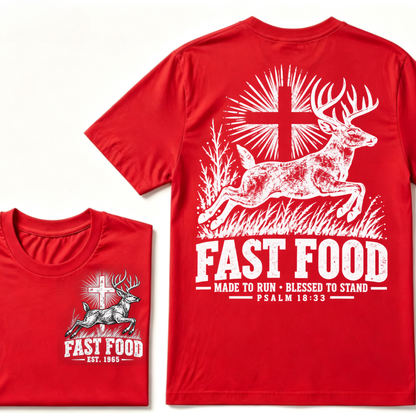 EST.Year Fast Food Made To Run Blessed To Stand Psalm 18:33 Deer Cross Hunting T-Shirt
