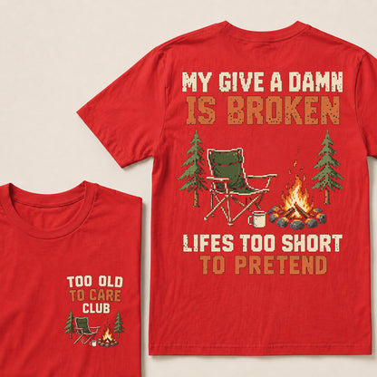 Retro Pixel Campfire & Chair T-Shirt | "My Give A Damn Is Broken" Funny Camping Tee