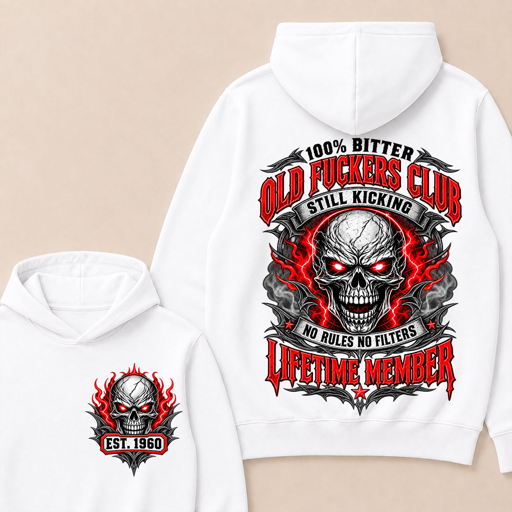 100% Bitter Old Fuckers Club Lifetime Member – Custom EST.Year Red-Eyed Skull Graphic Hoodie
