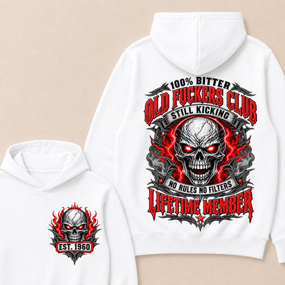 100% Bitter Old Fuckers Club Lifetime Member – Custom EST.Year Red-Eyed Skull Graphic Hoodie