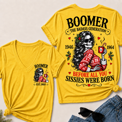 Boomer The Badass Generation Before All You Sissies Were Born – Custom EST. Year Christmas Sweater Skeleton Women’s V-Neck T-Shirt