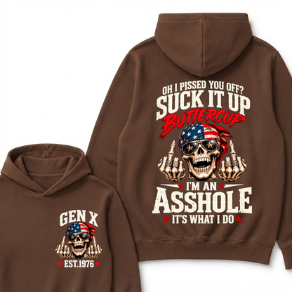 EST.YearOh I Pissed You Off Suck It Up Buttercup I'm An Asshole It's What I Do American Flag Skull Graphic Hoodie, Funny Gen X Sarcastic Hooded Sweatshirt